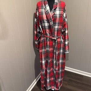 Garnet Hill cotton tartan plaid inner tie wrap belted pockets bathrobe. Large.
